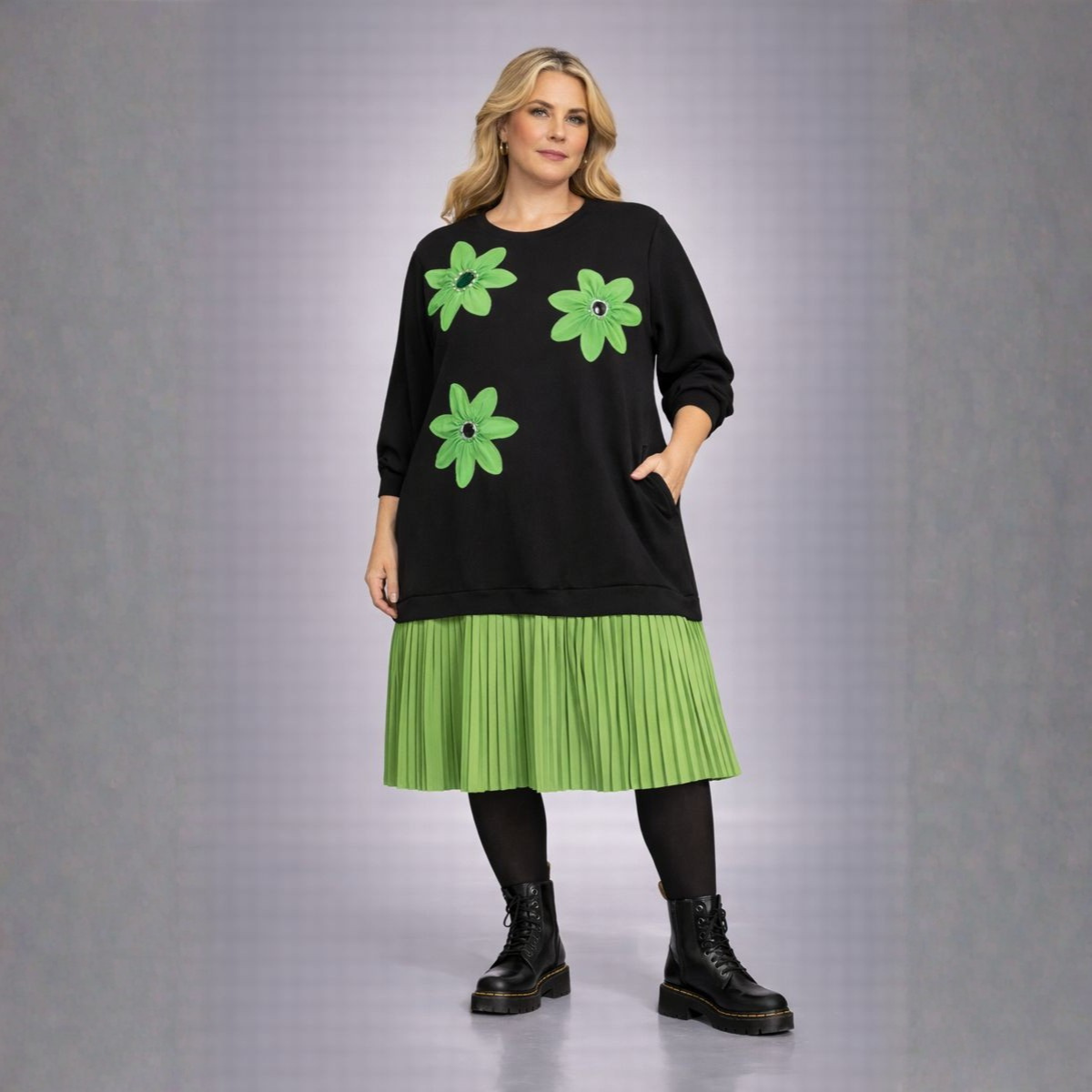 Black Dress with Applique and Pleated Skirt