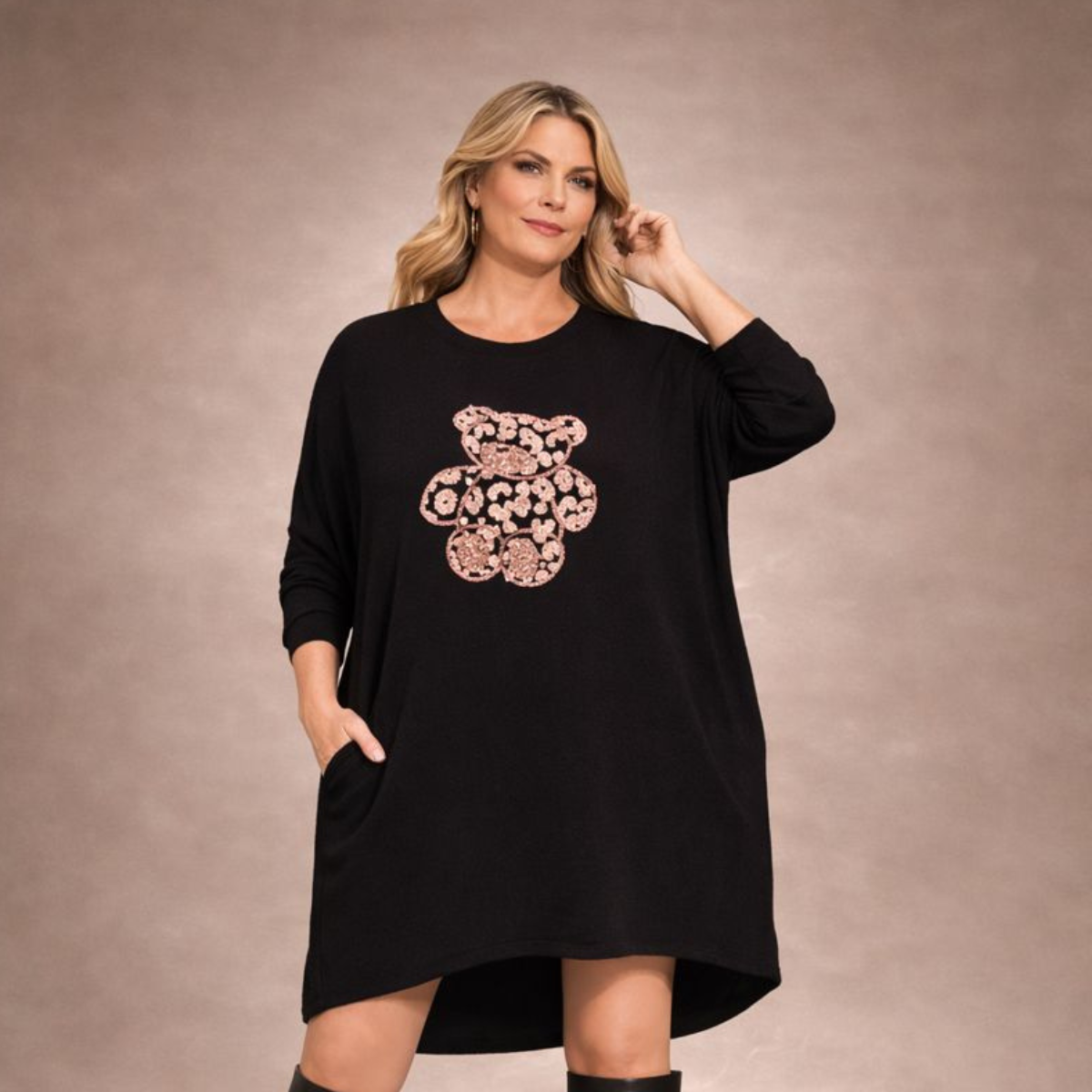 Soft Lightweight Jumper Dress with sequin Teddy Bear