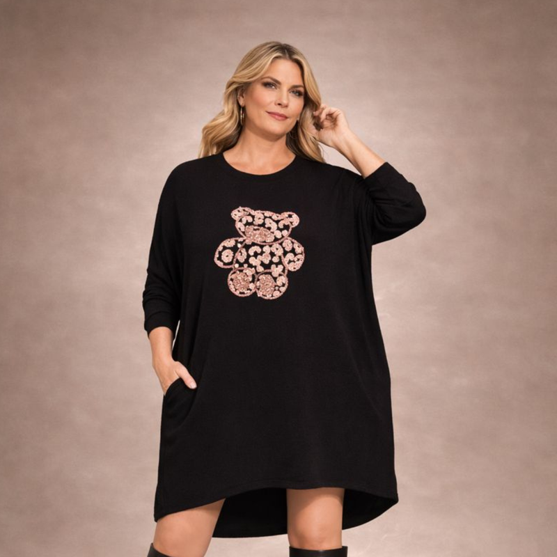 Soft Lightweight Jumper Dress with sequin Teddy Bear