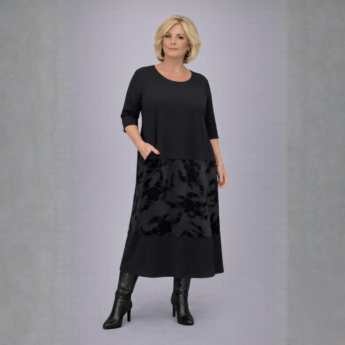 Black Dress with Velvet Panel and Pockets