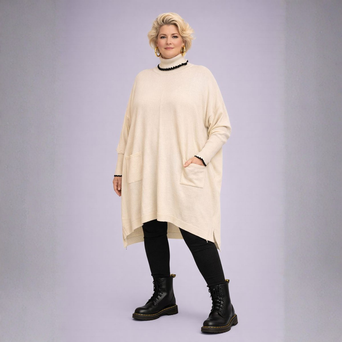 Stone Big Baggy Dipped Hem Jumper Dress with Pockets