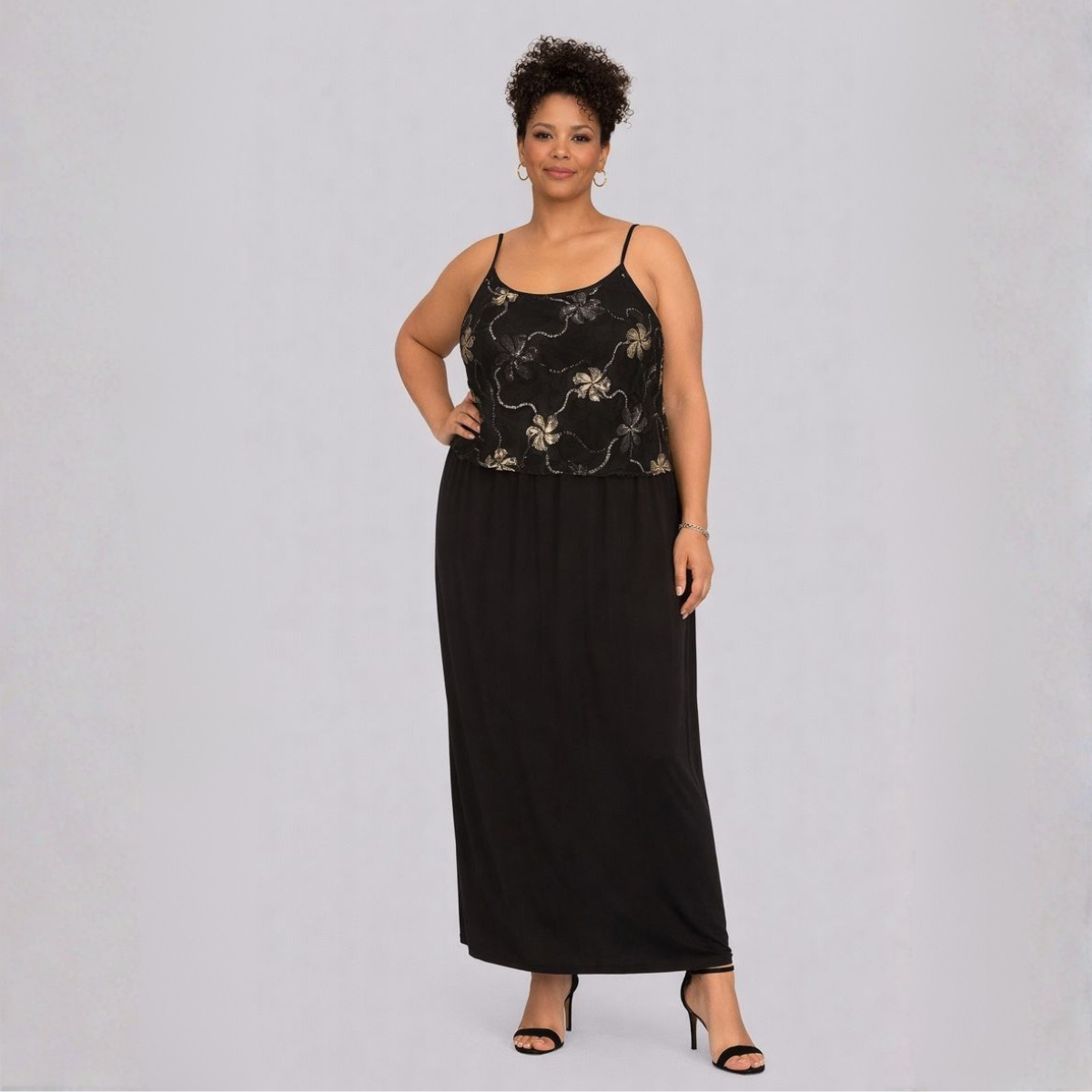 Black Strappy Maxi Dress with Silver Embroidered Overlay Top