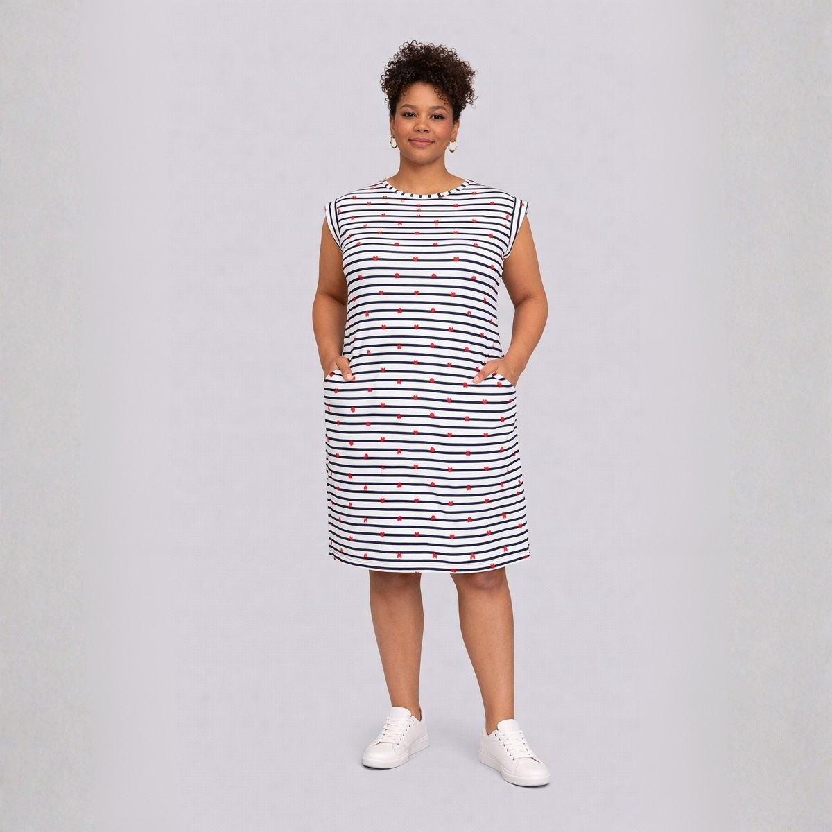 White Navy Anchor Print T-shirt Dress with Pockets