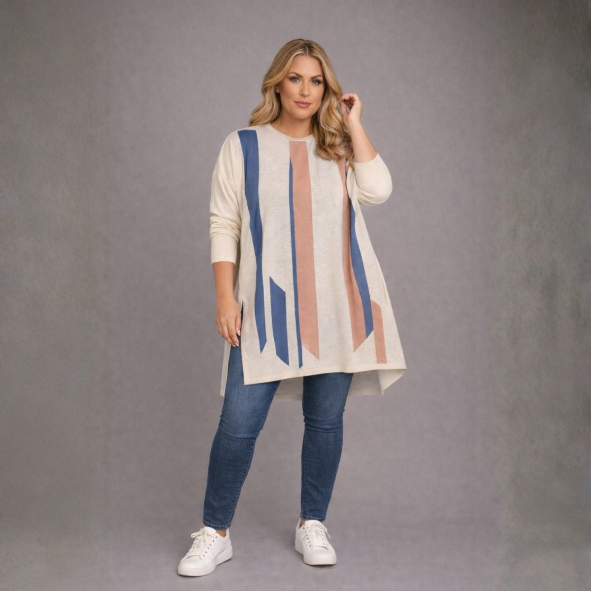 Cream Abstract Long Length Jumper