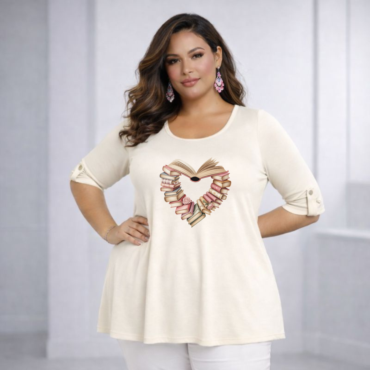 3/4 Button Sleeve Book Heart Sleeve Swing Top