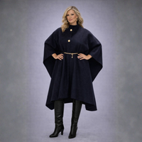 Navy Blue Synthetic Wool Cape Coat With Belt