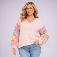 Soft Chunky Knit V neck Jumper with Crochet Sleeves