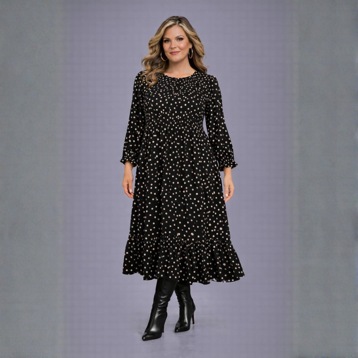 Black Beige Pola Dot Smocked Bodice Calf Length Dress