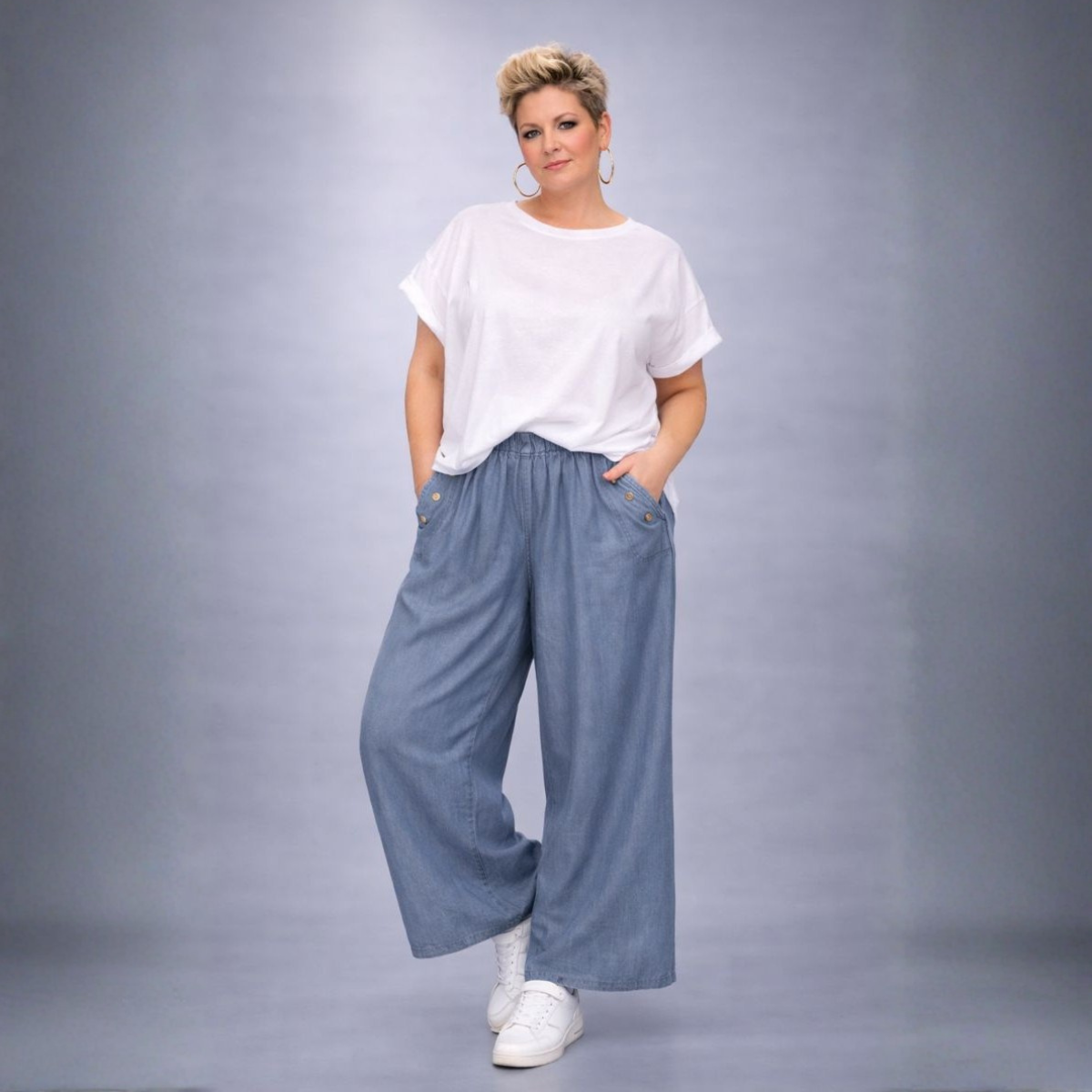 Lightweight Denim Look Wide Leg Palazzo Trousers