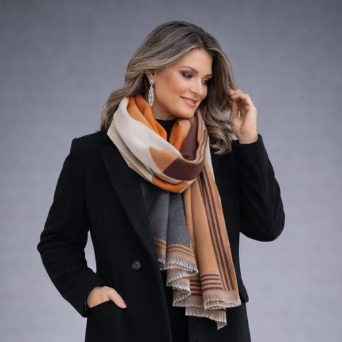 Soft Luxury Feel Orange & Rust Scarf with Fringe Edging
