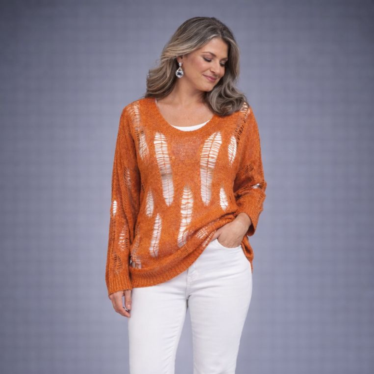 Orange Distressed Open Knit Leaf Long Sleeve Jumper