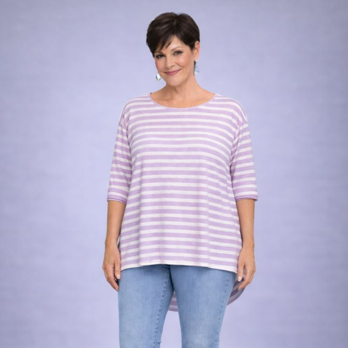 Fine Knitted Striped Top with Dipped Hem