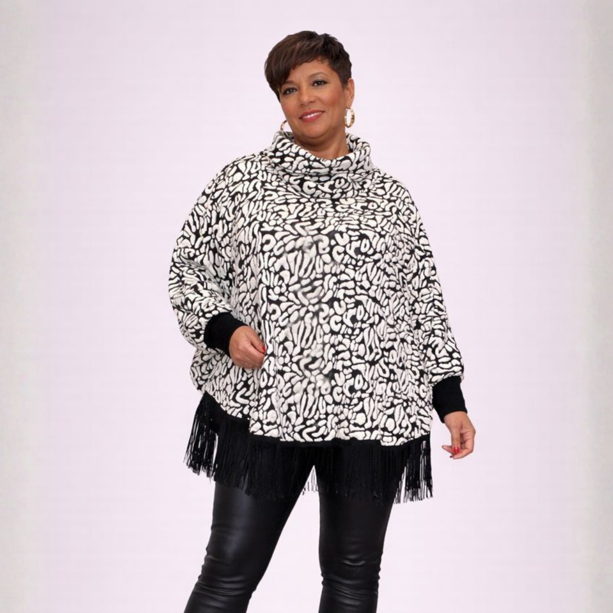 Black & White Tassel Hem Polo Neck Poncho Jumper