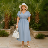 V Neck Elastic Waist Pocket Maxi Dress