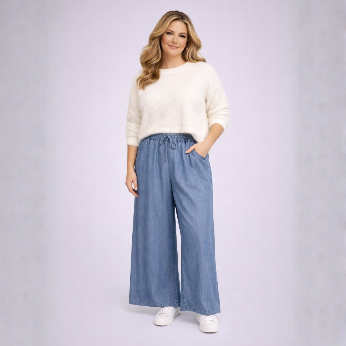 Lightweight Denim Look Wide Leg Palazzo Trousers with Pockets