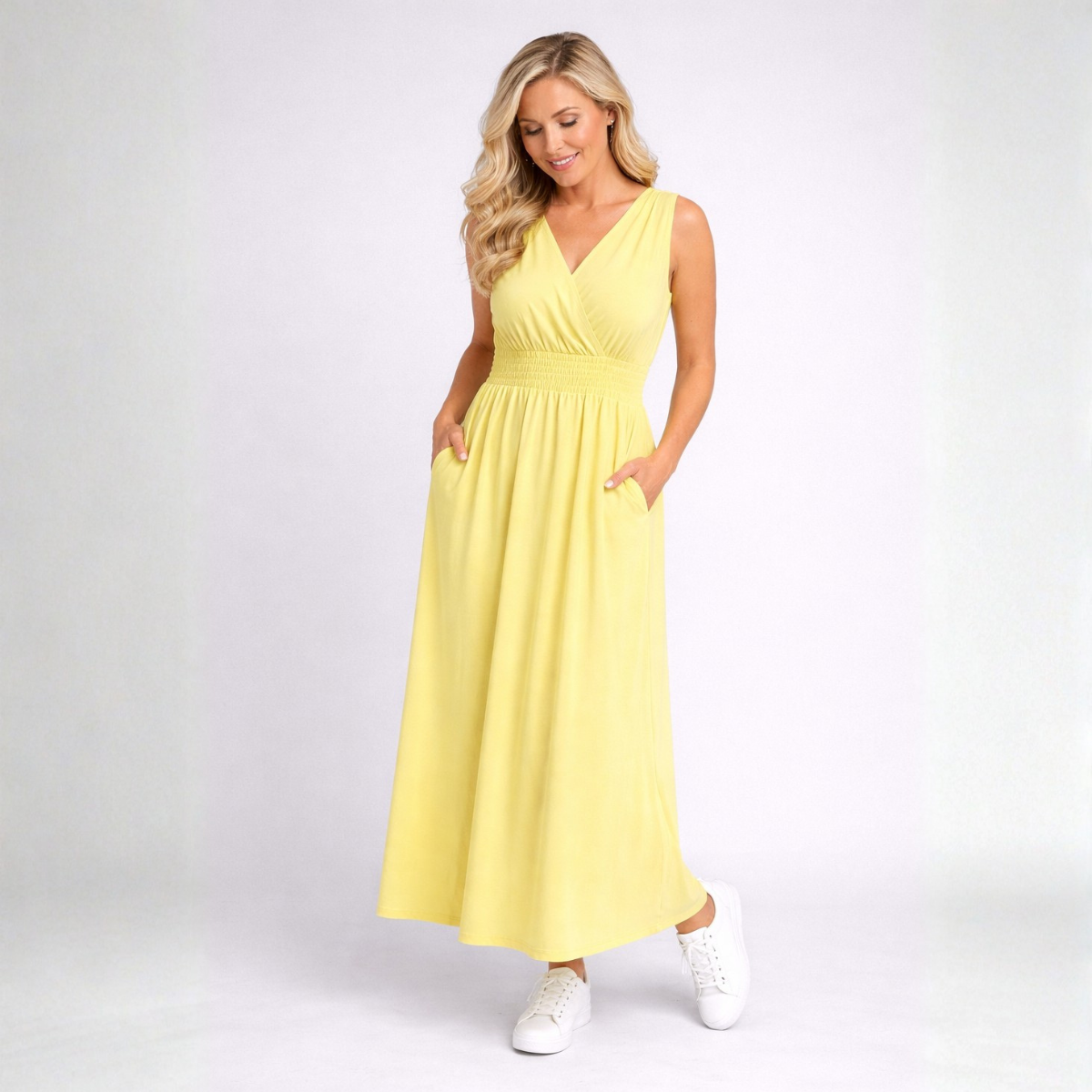 Sleeveless V Neck maxi Dress with side Pockets