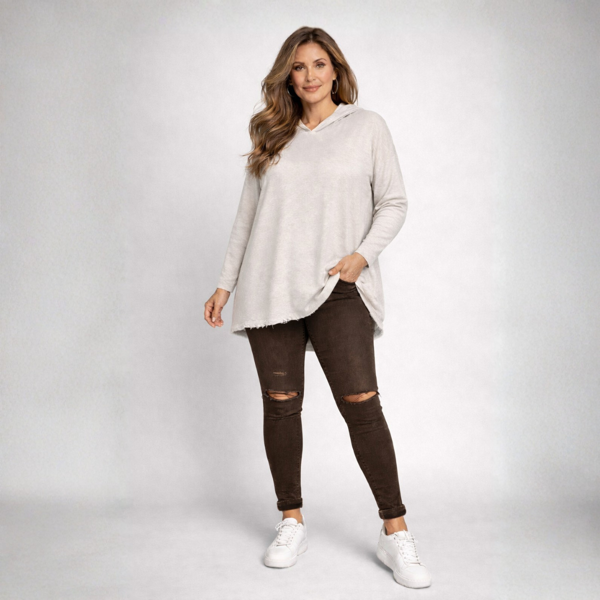 Stone Mottled Effect Frayed Hem Hoodie