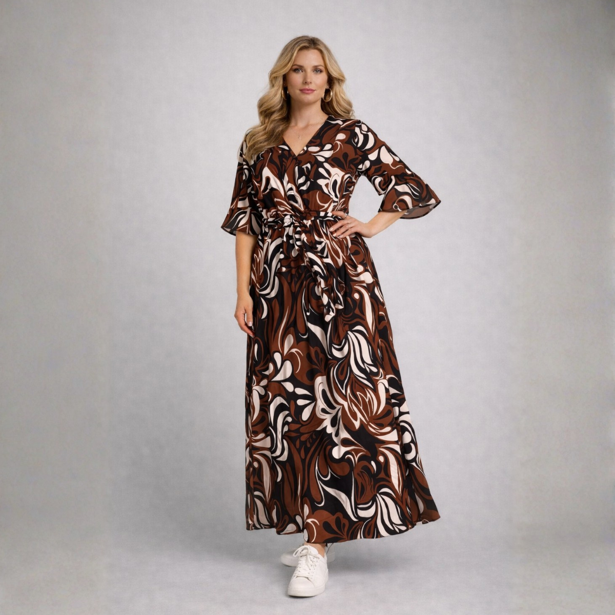 Brown V-neck Maxi Dress with Tie Belt