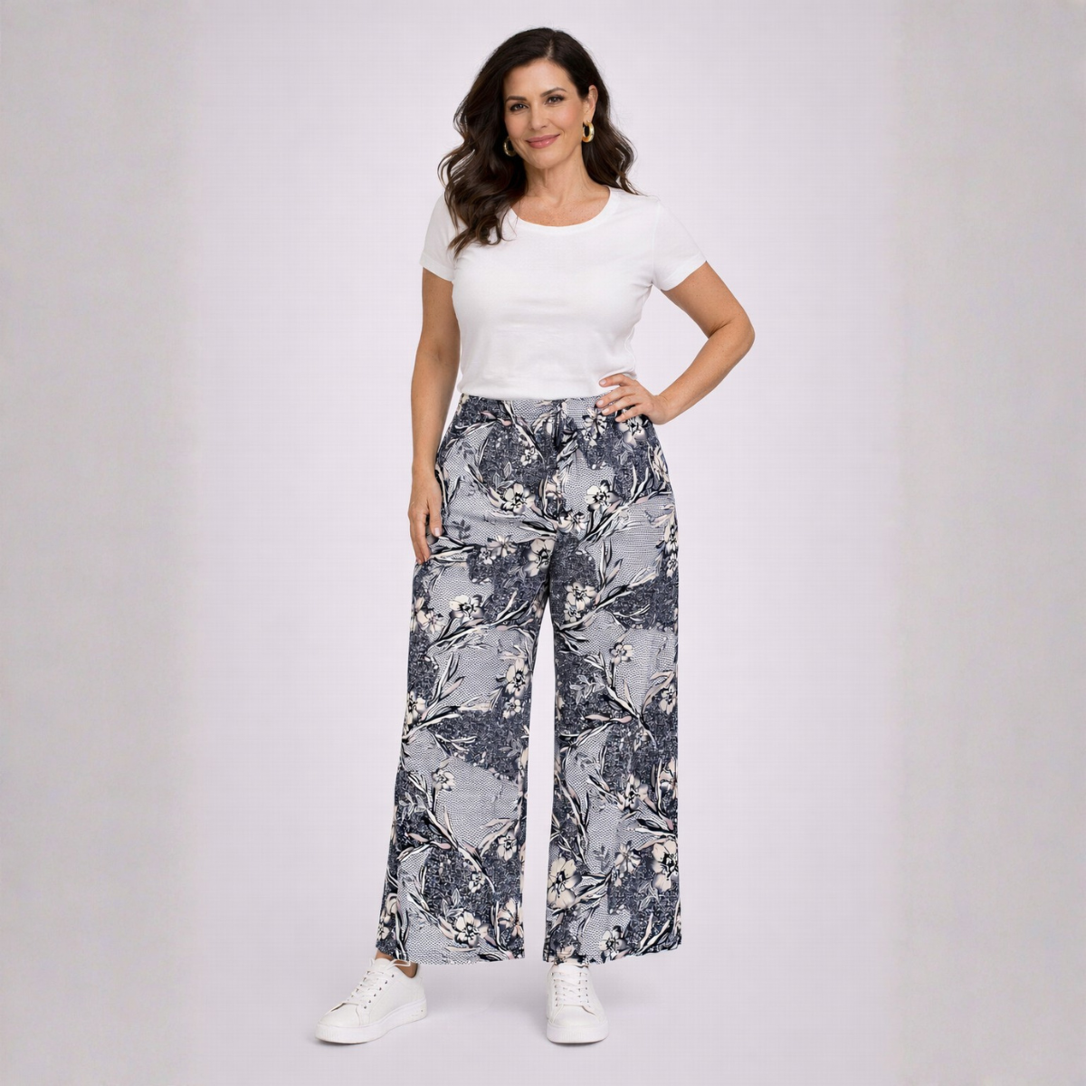 Grey Blue Thorn Print Wide Leg Palazzo Trousers