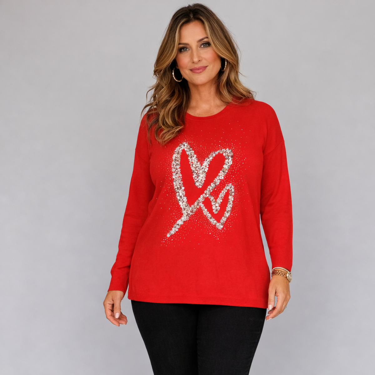 Red Super Soft Jumper with Silver Sequin Hearts