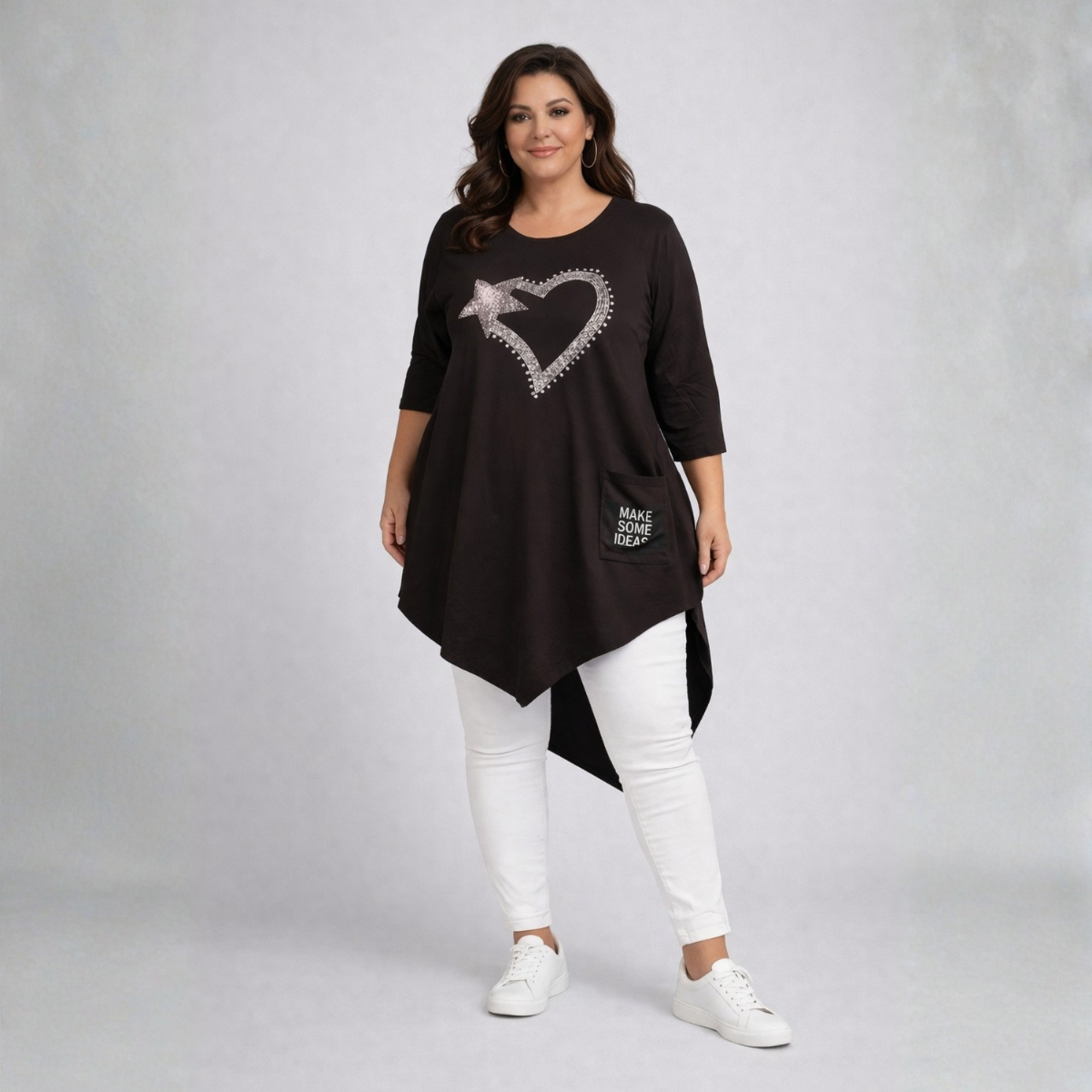 Dark Brown V Hem long Top with Studded Heart