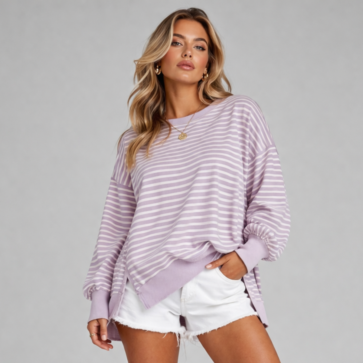 Striped Oversized Split Hem Sweatshirt