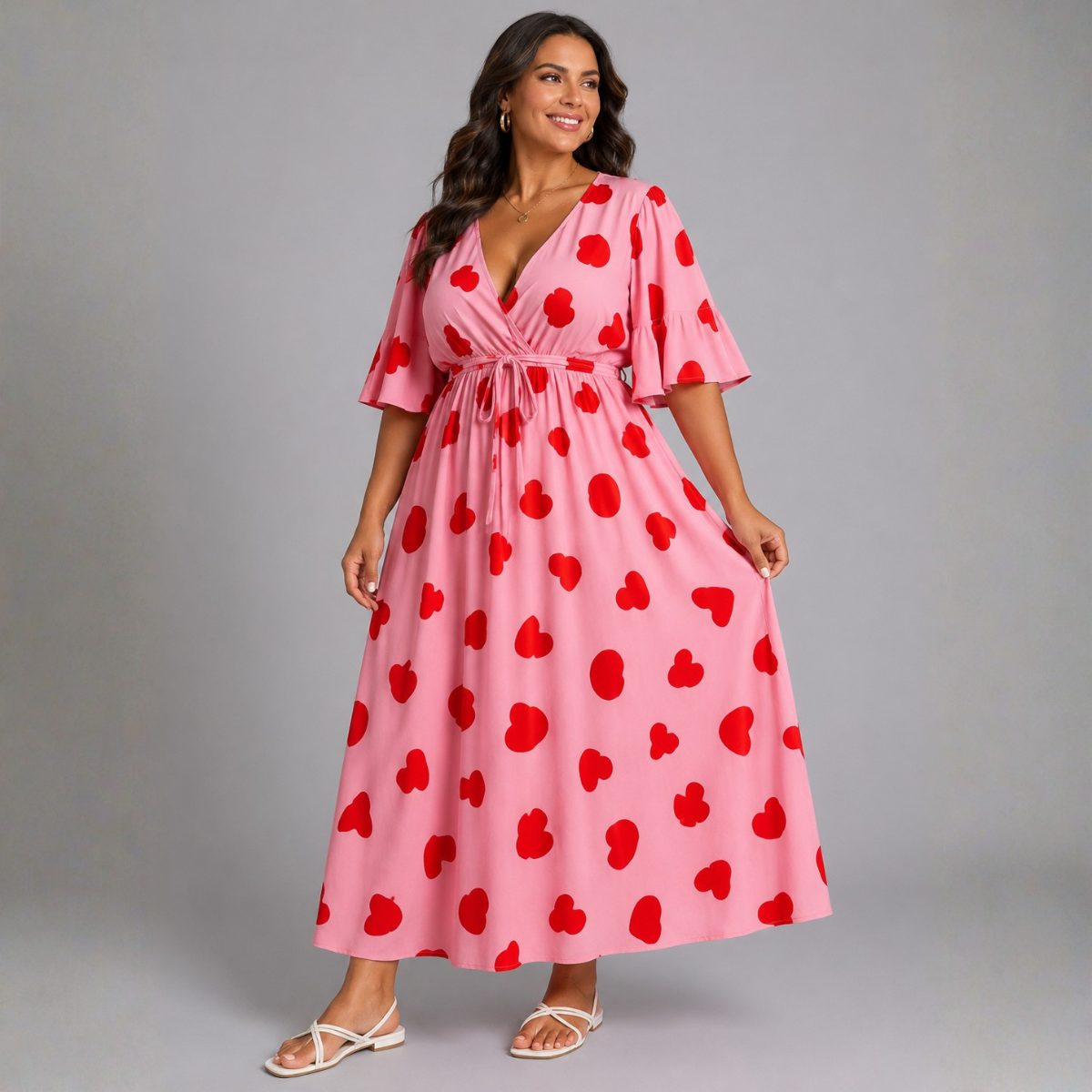 Pink / Red V-neck Dress with belt tie