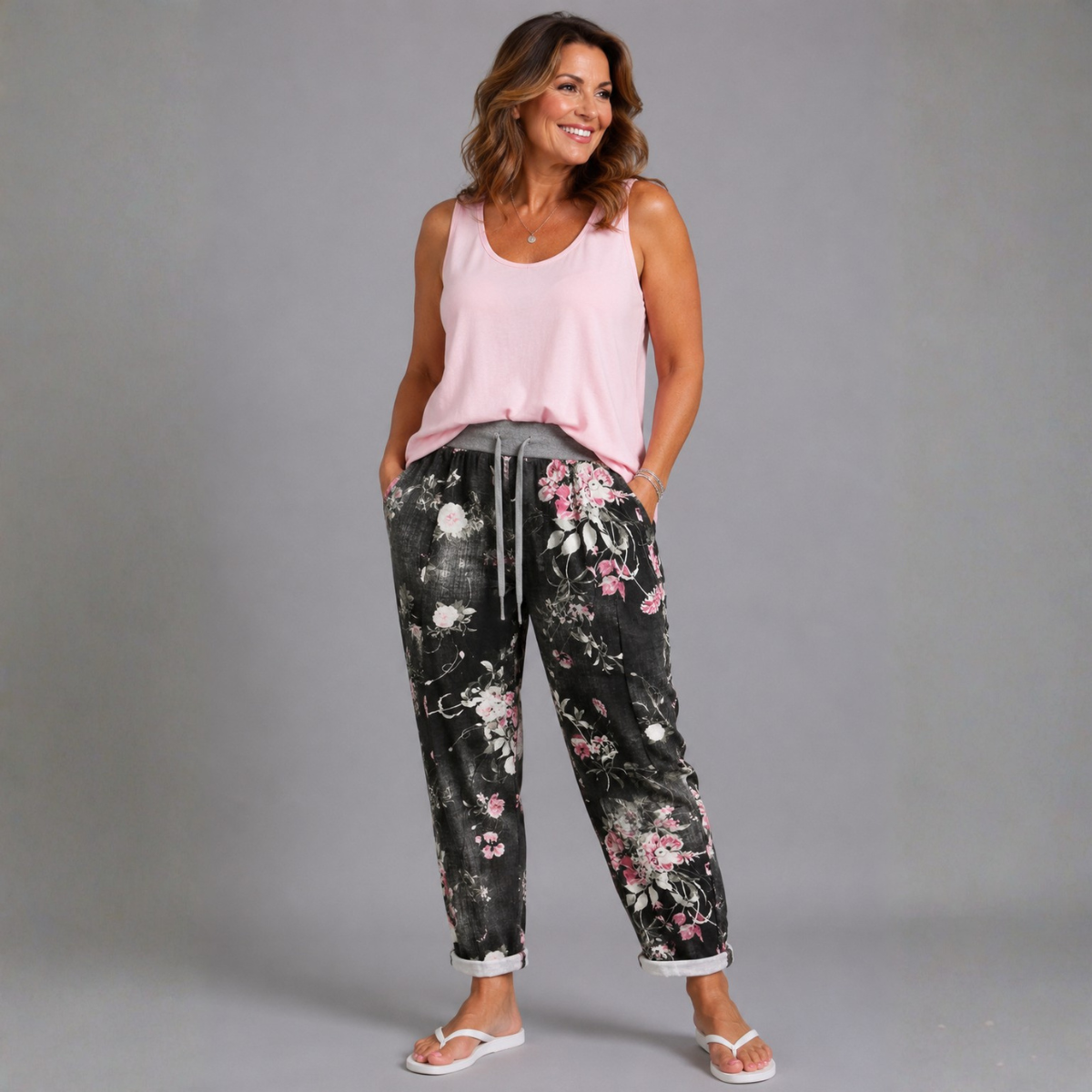 Black and Pink Stonewashed Floral Joggers with Pockets