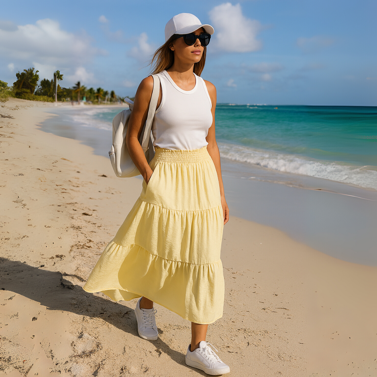 Smocked Elastic Waist layered Maxi Skirt