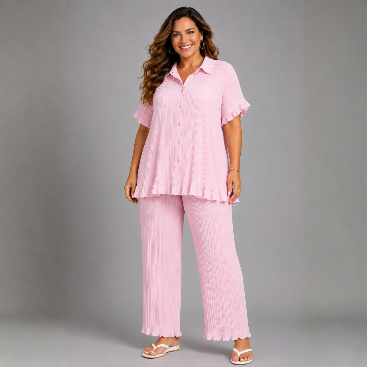 Pleated 2 Piece Outfit Set with Frilled Hem