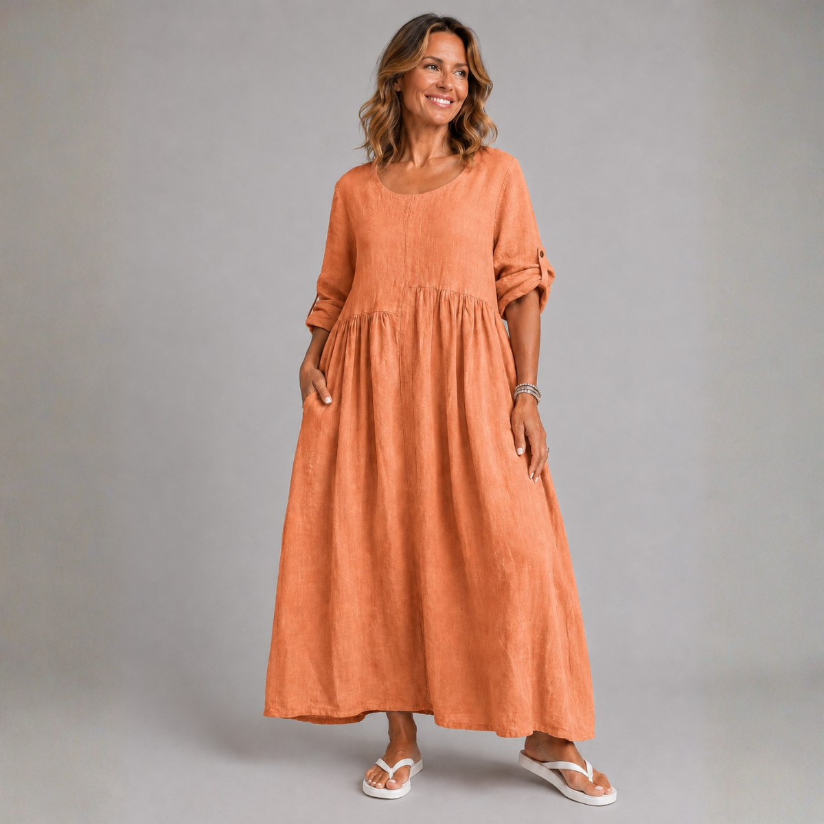 Rust 100% Linen Dress with Pockets