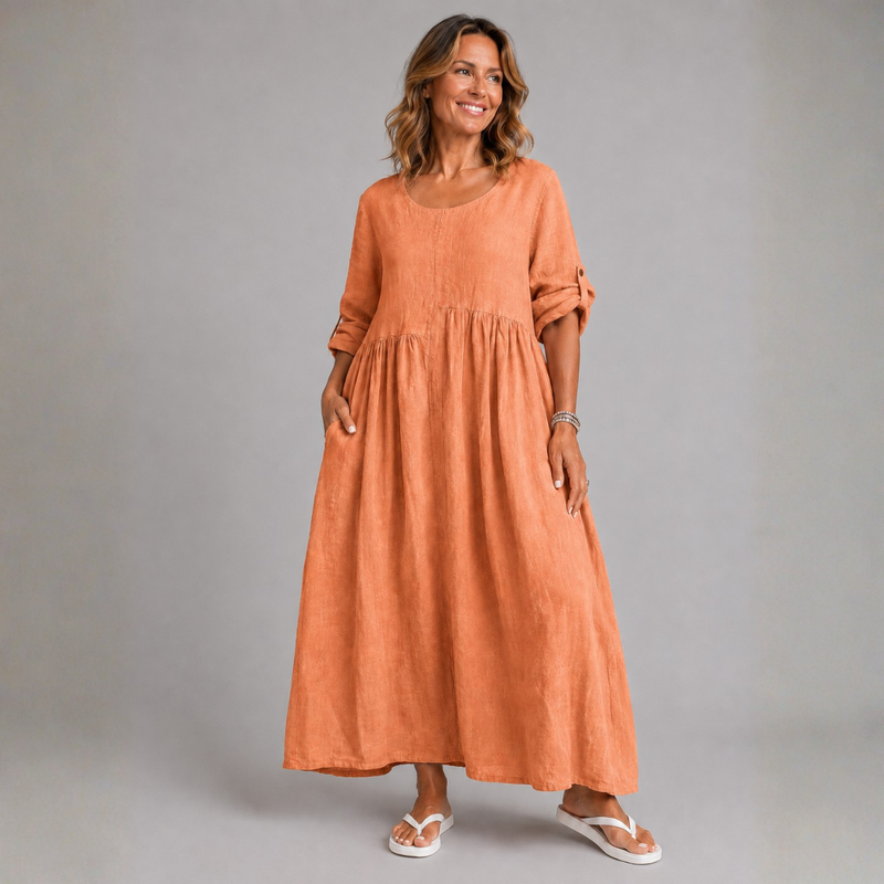 Button Sleeve 100% Linen Dress with Pockets