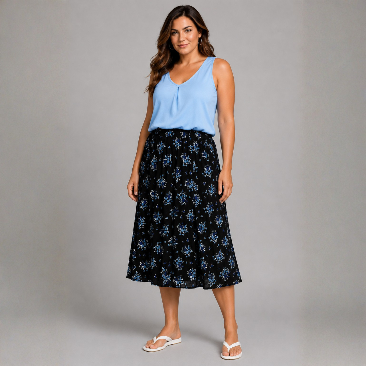 Black Blue Elastic waist Midi Length skirt
