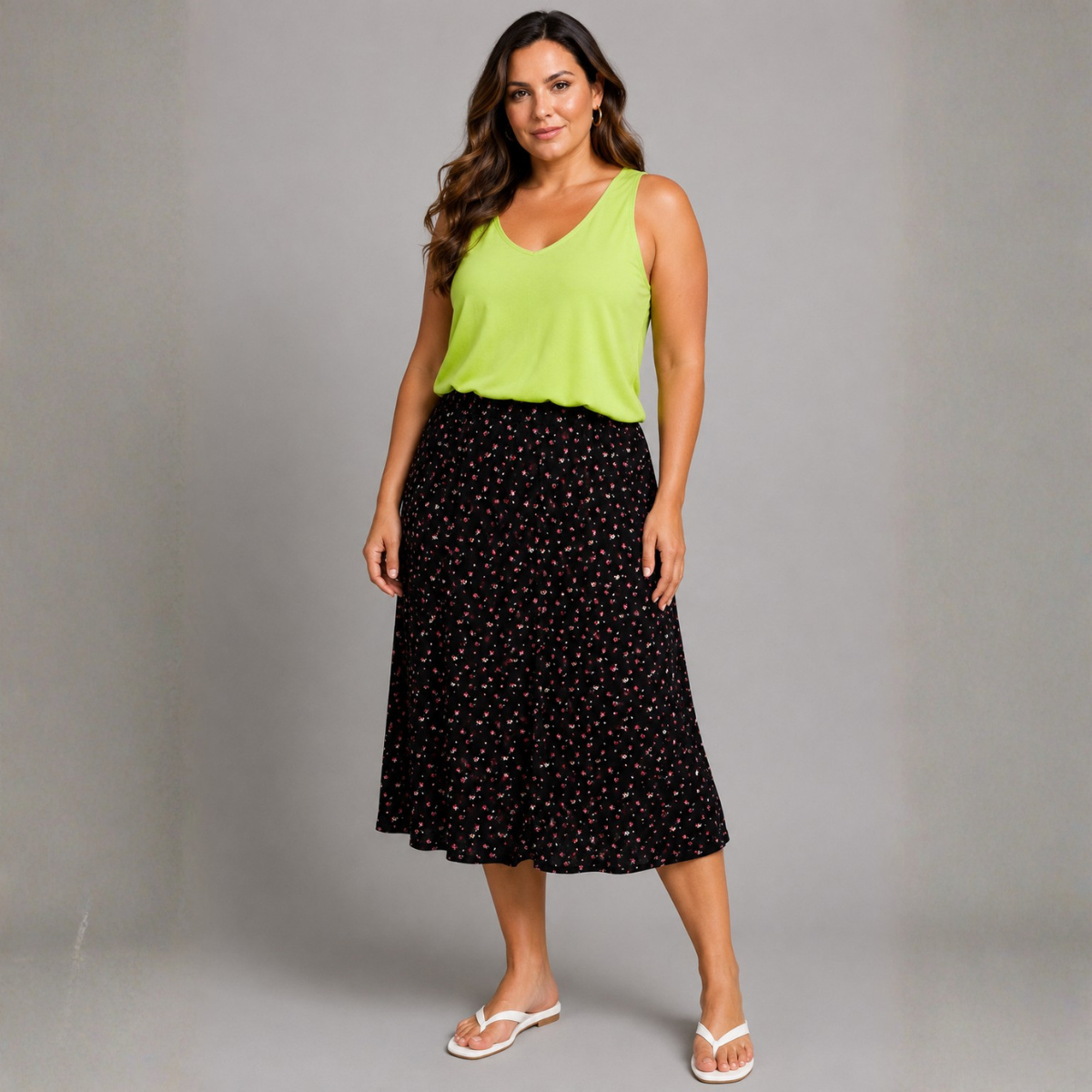 Black Pink Lime Elastic Waist Midi Skirt