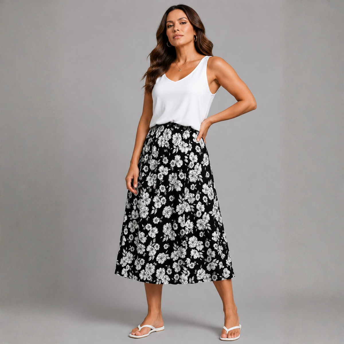 Black & White Bold Floral Elastic Waist Midi Skirt