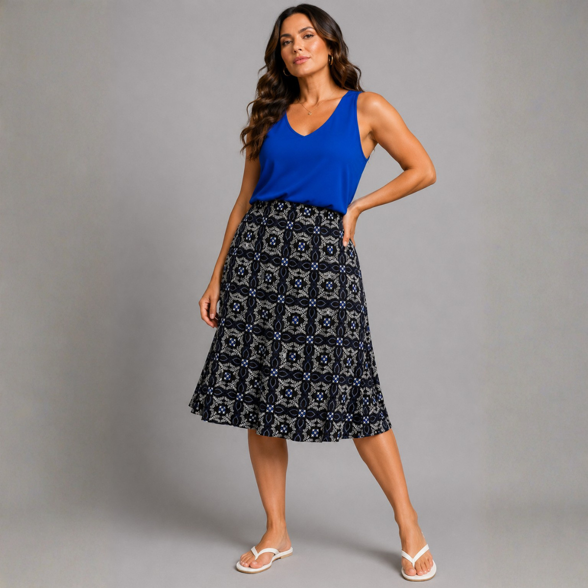 Tile print Elasic Waist Calf length skirt