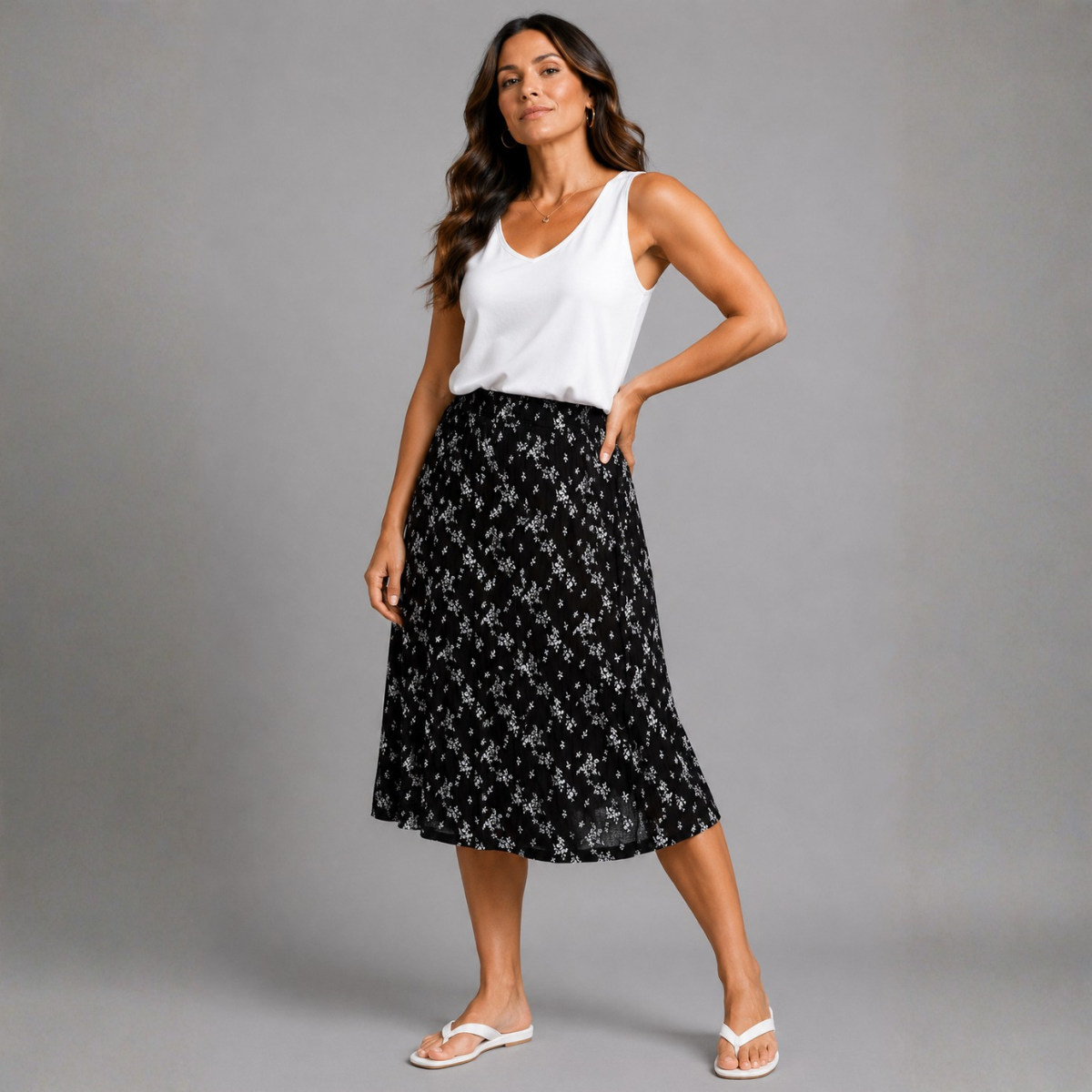 Black + White Ditsy Print Elastic Waist Midi Skirt
