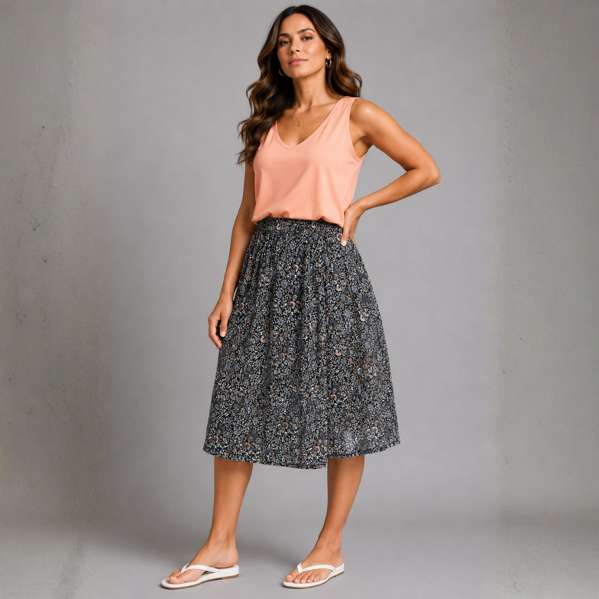 Black peach Floral elasticated waist midi skirt