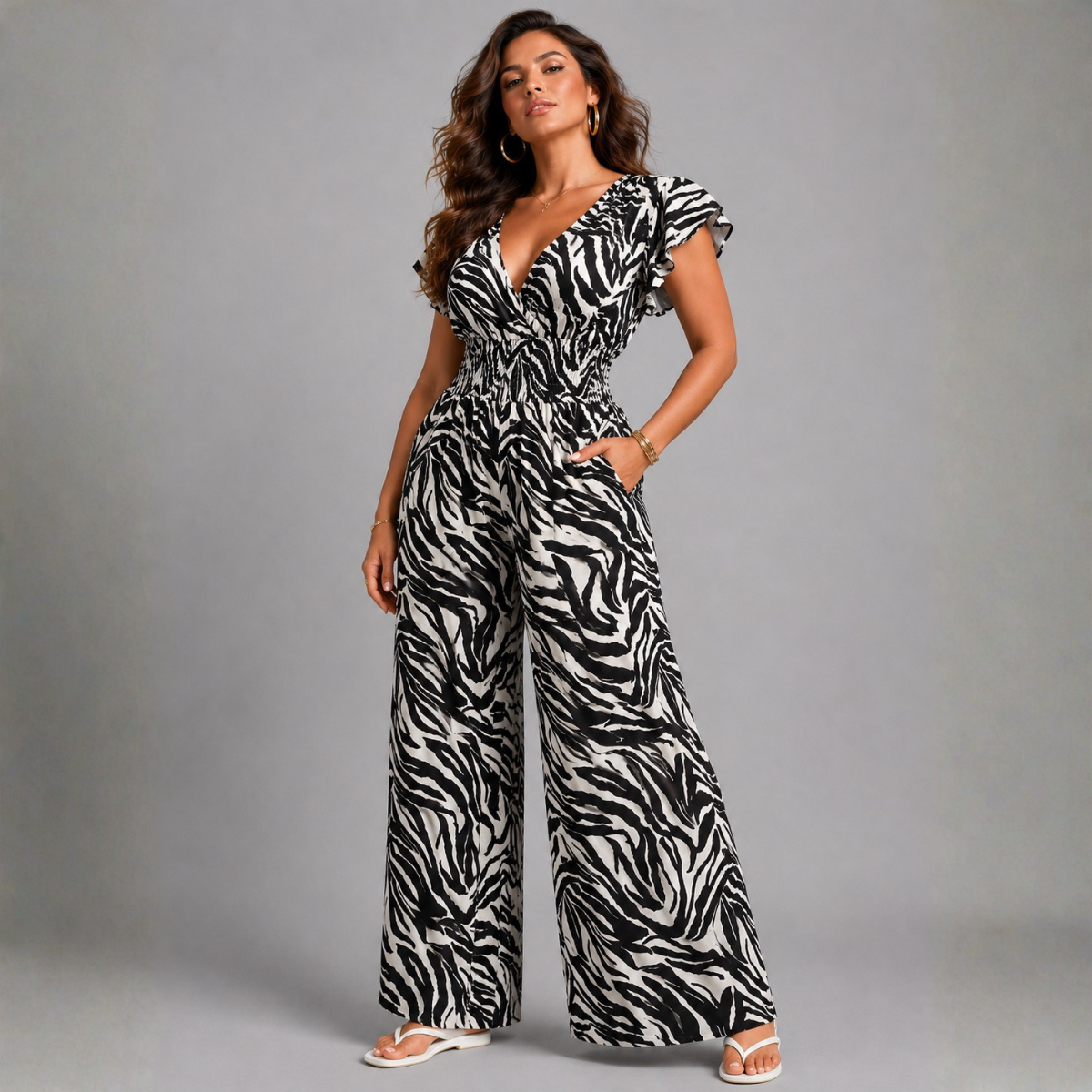 Zebra V-Neck elastic waist Jumpsuit with Pockets