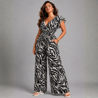 Zebra V-Neck elastic waist Jumpsuit with Pockets