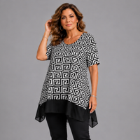 Geo Print Blouse with Chiffon Hanky hem