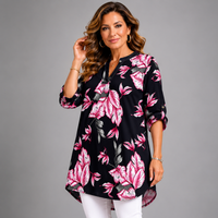 V‑Neck Floral Long Dipped Hem Top with Button Sleeves