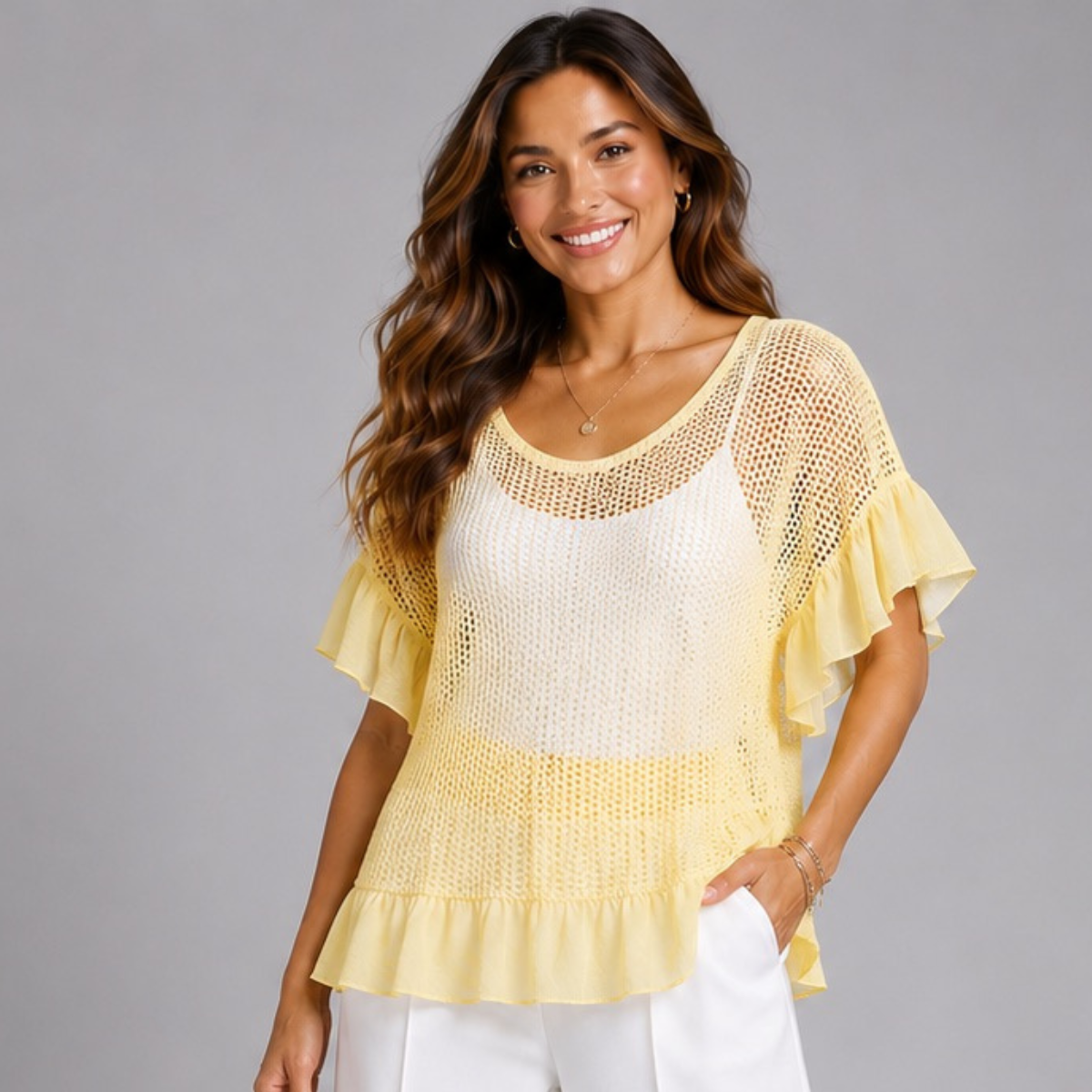 Open Knit Frilled Hem Top