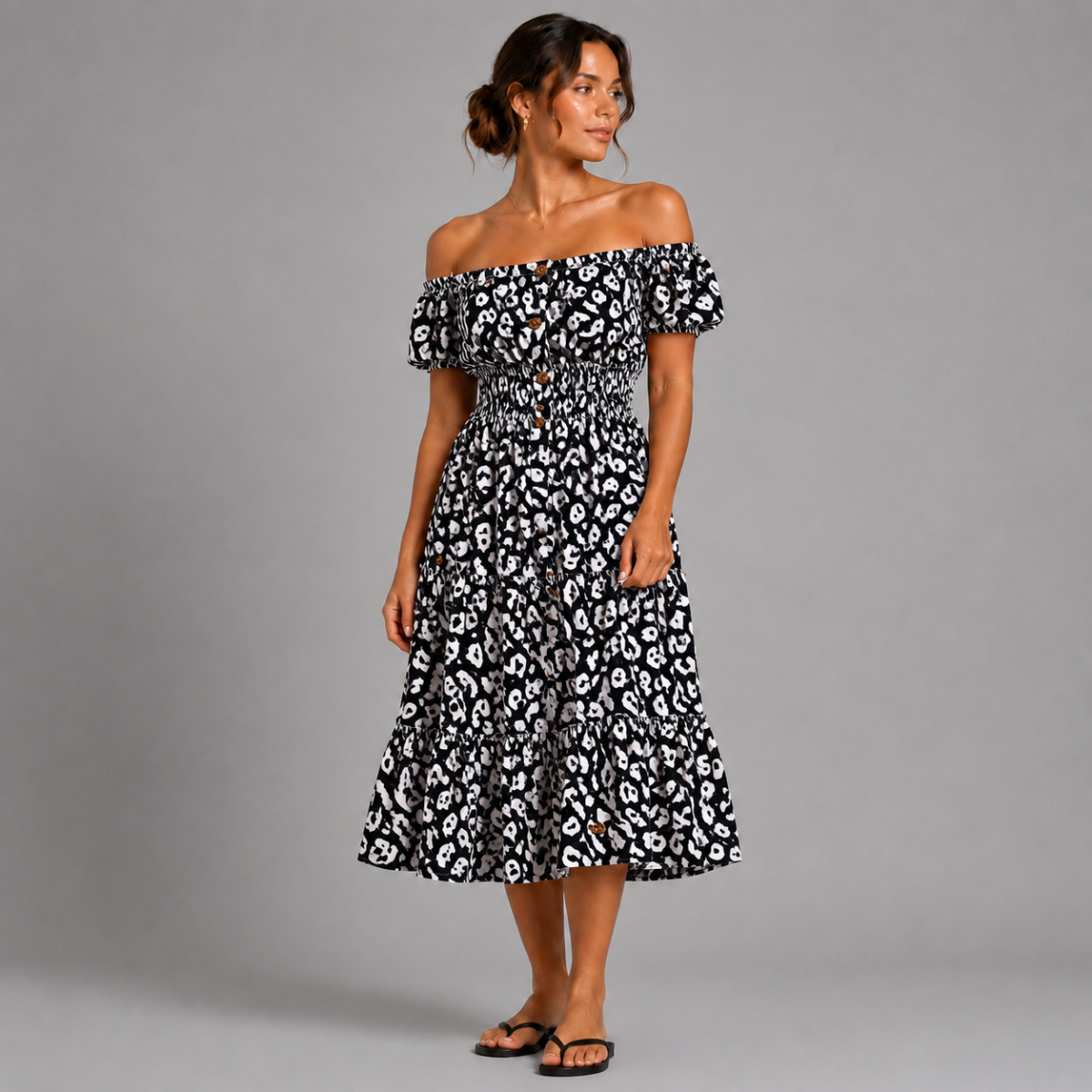 Black White Off Shoulder Animal Print Frilled Gypsy Dress