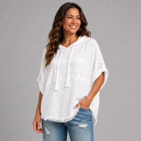 Frayed Hem Cotton / Linen Embroidered Hoodie