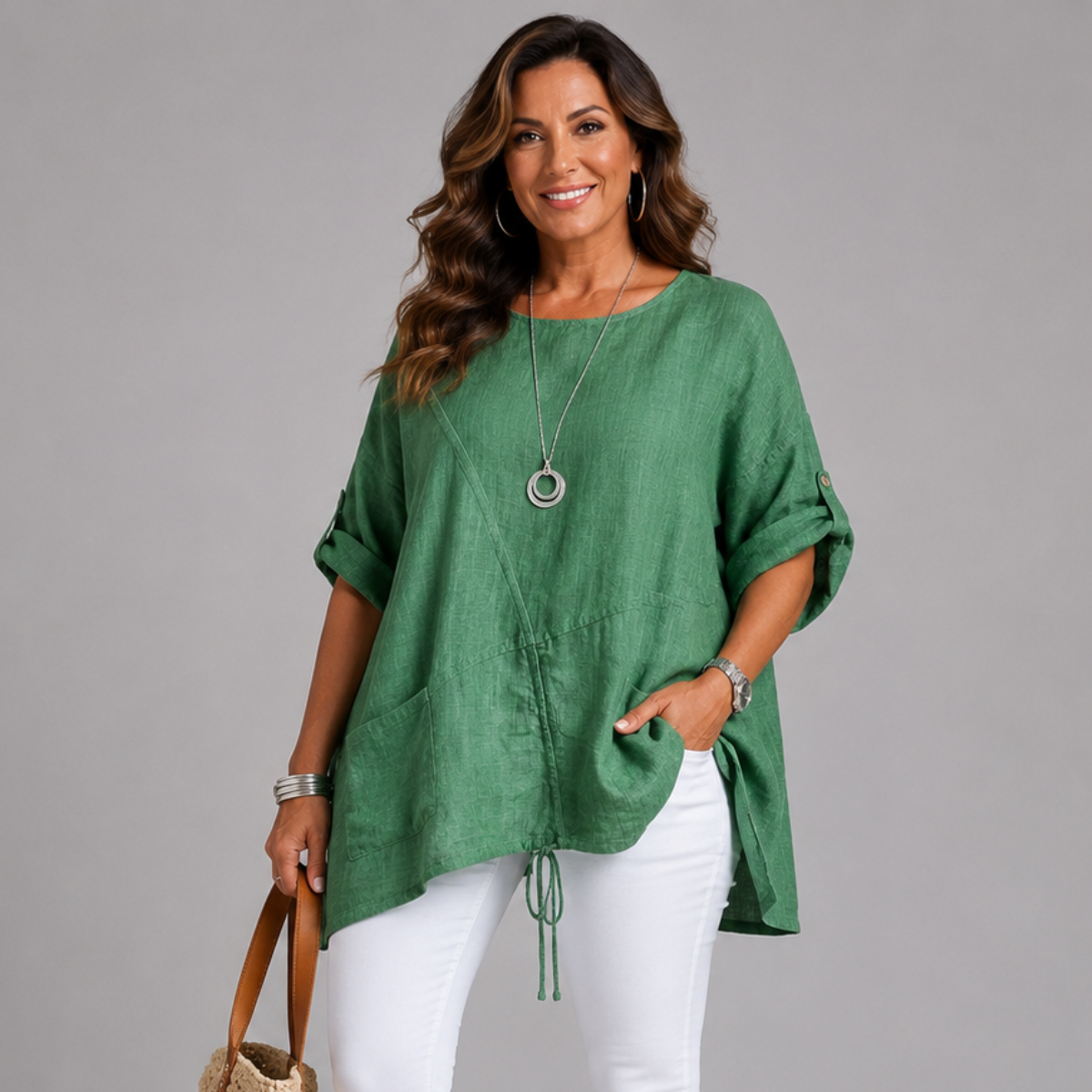 Linen Mix Drawstring & Pocket Blouse / Top