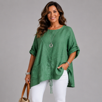 Linen Mix Drawstring & Pocket Blouse / Top