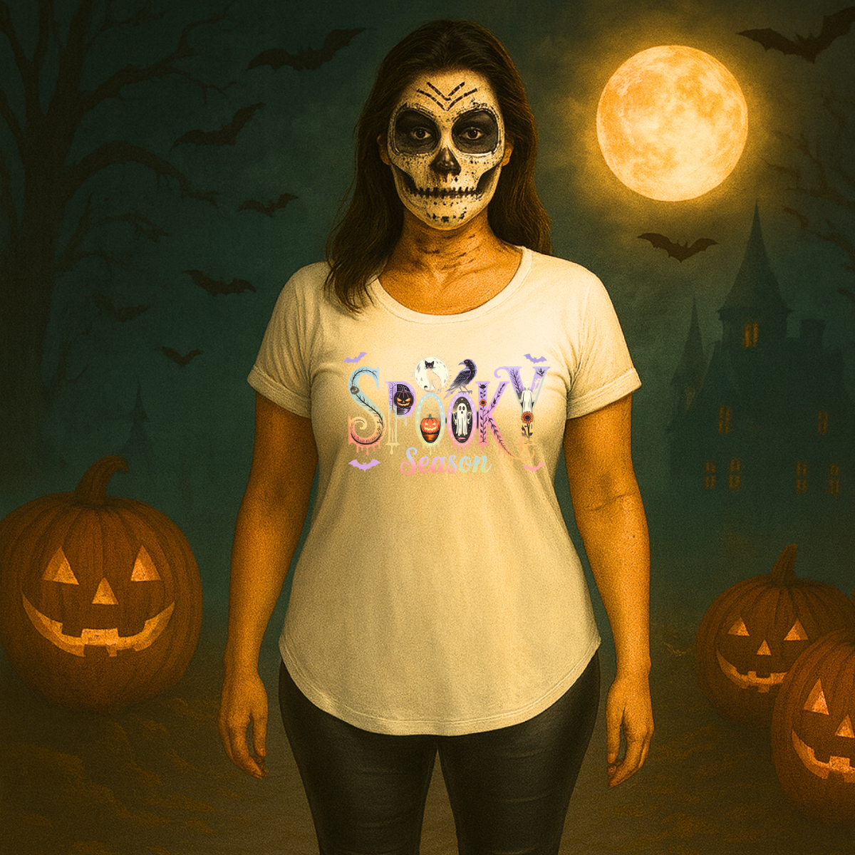 Dipped-Hem T-Shirt with Spooky Halloween print