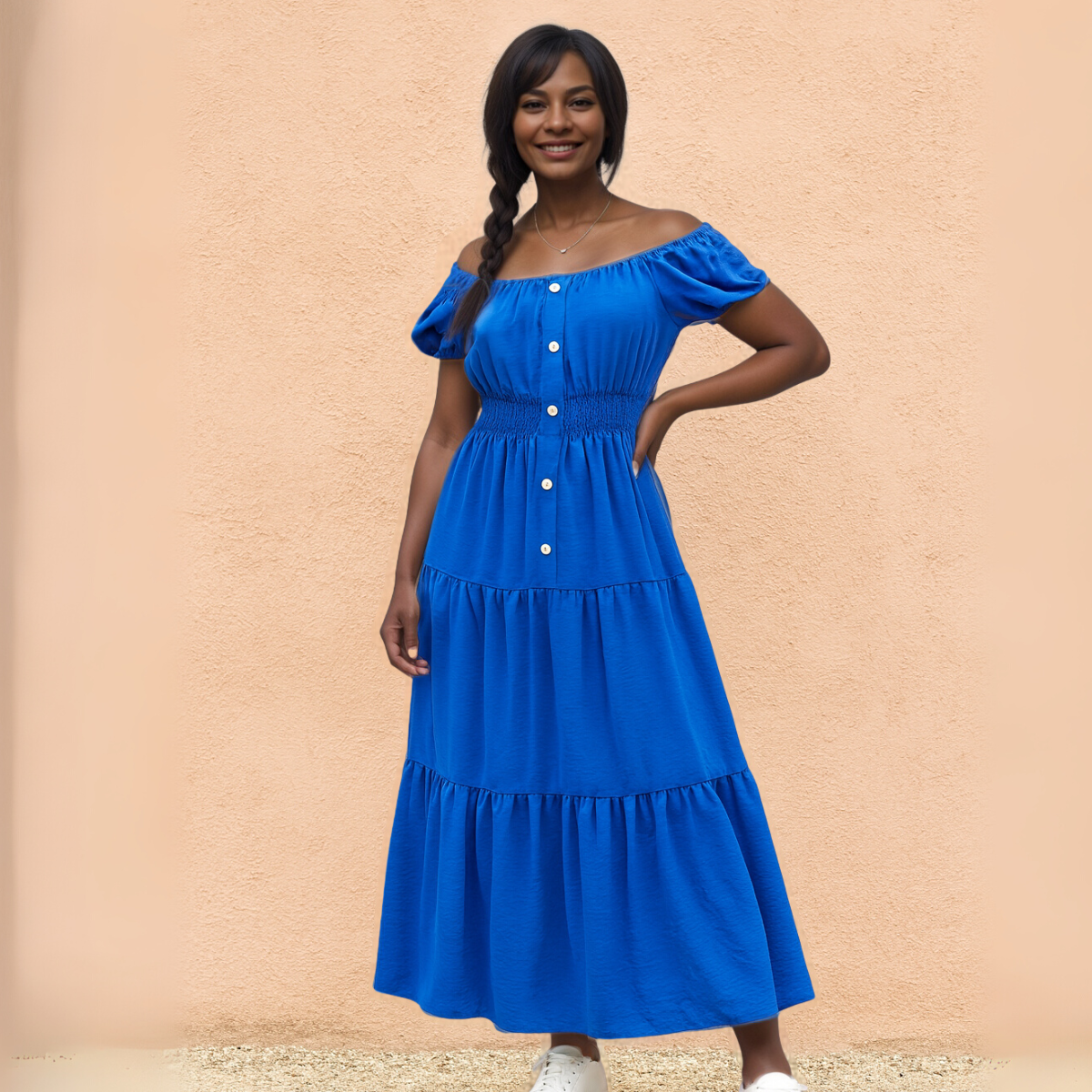 Off Shoulder Elastic Waist Gypsy Style Maxi Dress