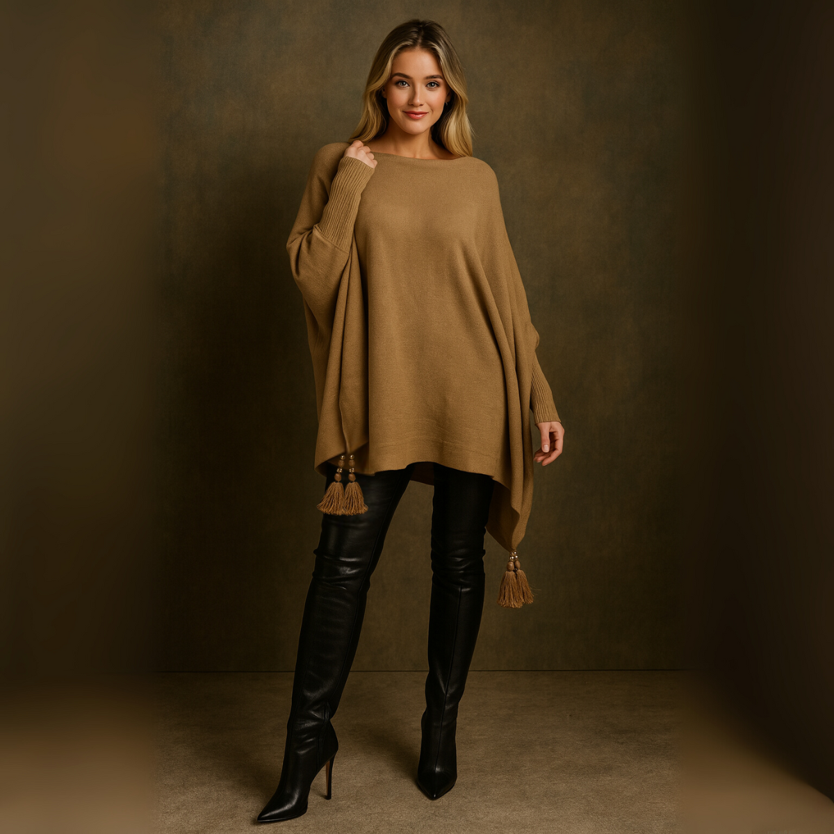 Slash Neck Oversized Jumper with Tassle Detail